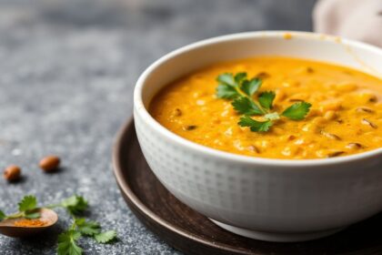 Rich coconut curry lentil soup steaming in a bowl.