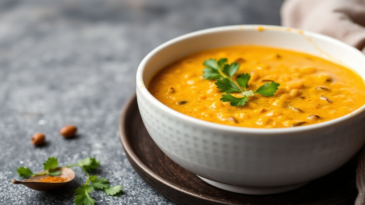 Rich coconut curry lentil soup steaming in a bowl.