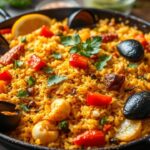 Vibrant vegan paella, a flavorful journey beyond the beach.