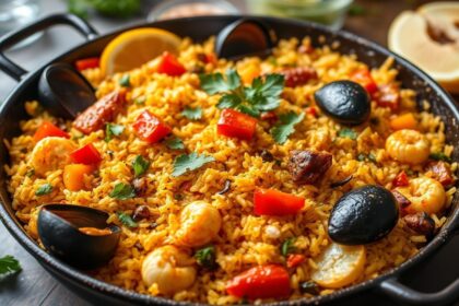 Vibrant vegan paella, a flavorful journey beyond the beach.