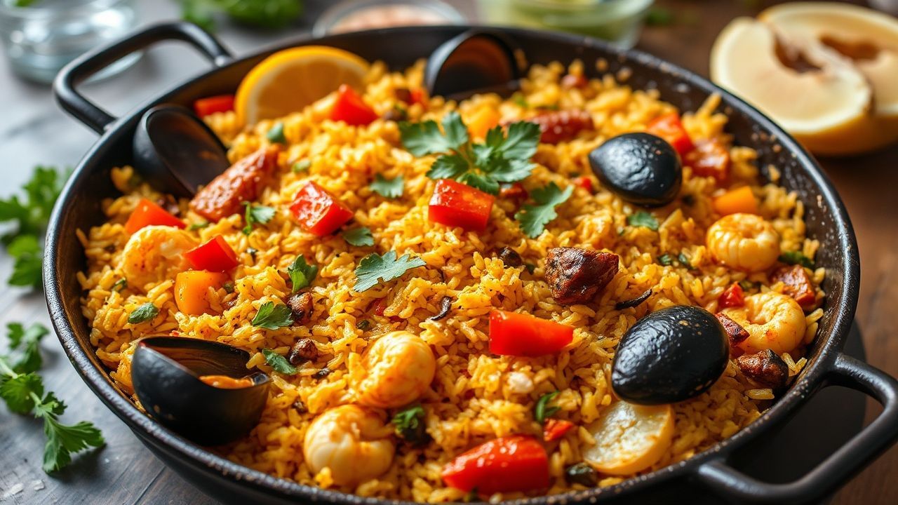 Vibrant vegan paella, a flavorful journey beyond the beach.