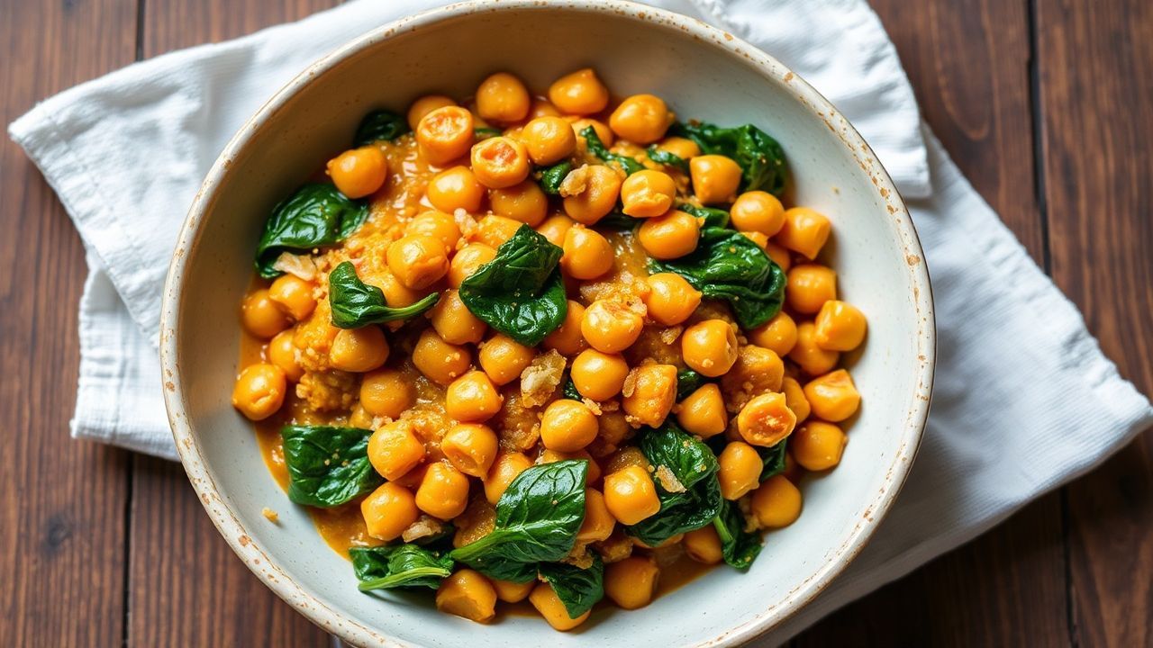 Hearty vegan chickpea curry with spinach, a flavorful and satisfying meal.