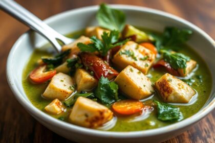 Vibrant Thai green curry with tofu and vegetables, a delicious masterclass.