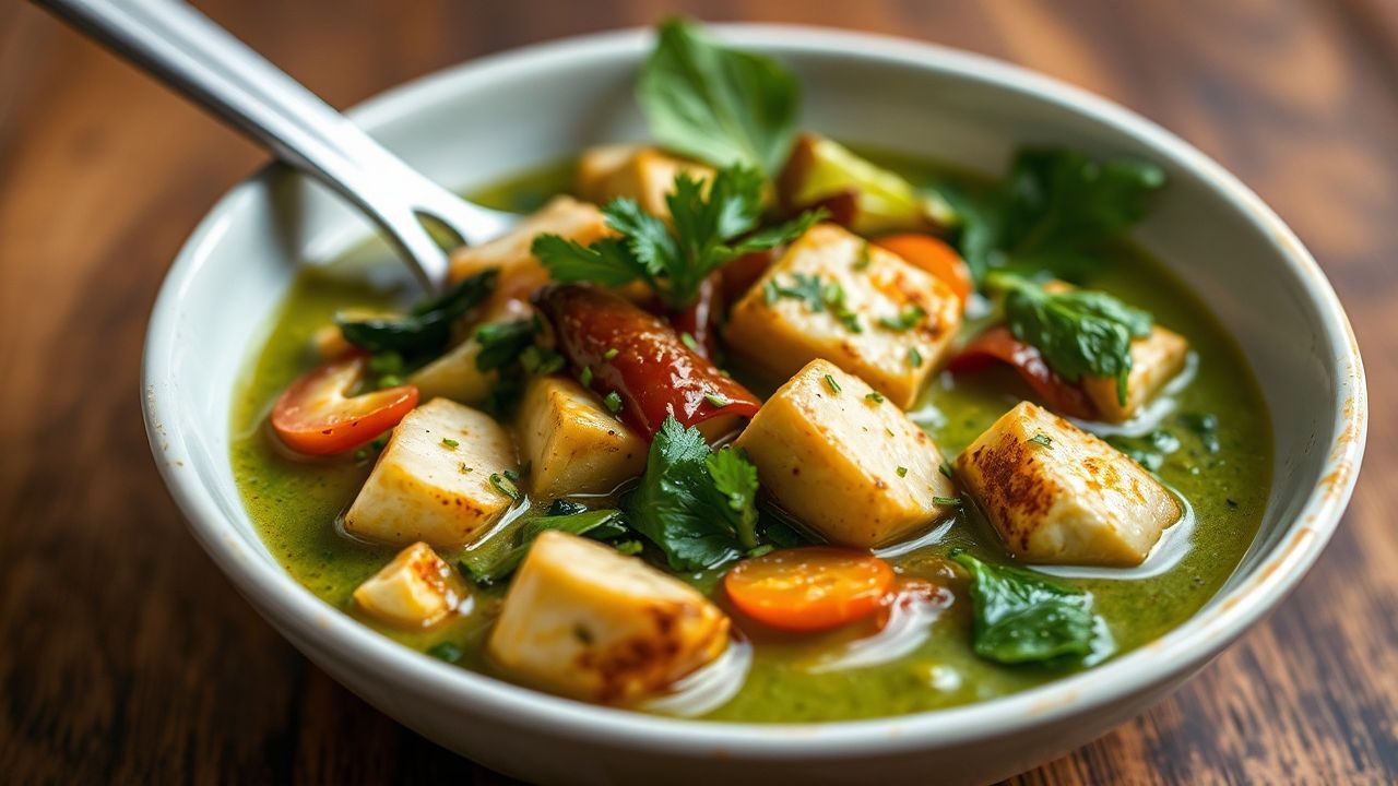 Vibrant Thai green curry with tofu and vegetables, a delicious masterclass.