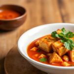 Golden tofu cubes in vibrant red curry, showcasing authentic Thai flavors.