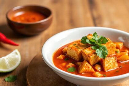 Golden tofu cubes in vibrant red curry, showcasing authentic Thai flavors.