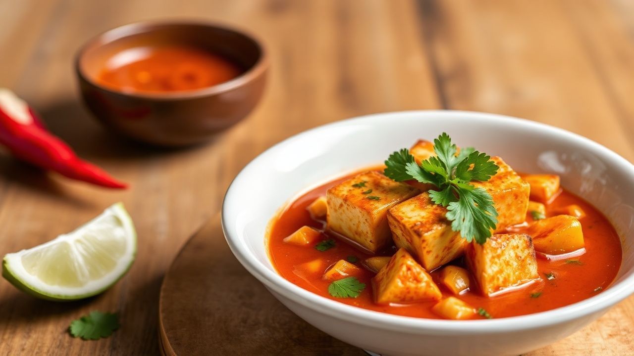 Golden tofu cubes in vibrant red curry, showcasing authentic Thai flavors.