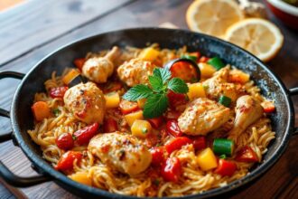 Vibrant chicken and vegetable paella, a Spanish culinary masterpiece.