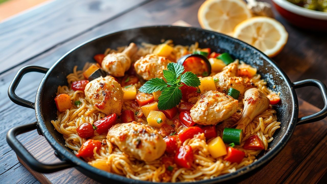 Vibrant chicken and vegetable paella, a Spanish culinary masterpiece.