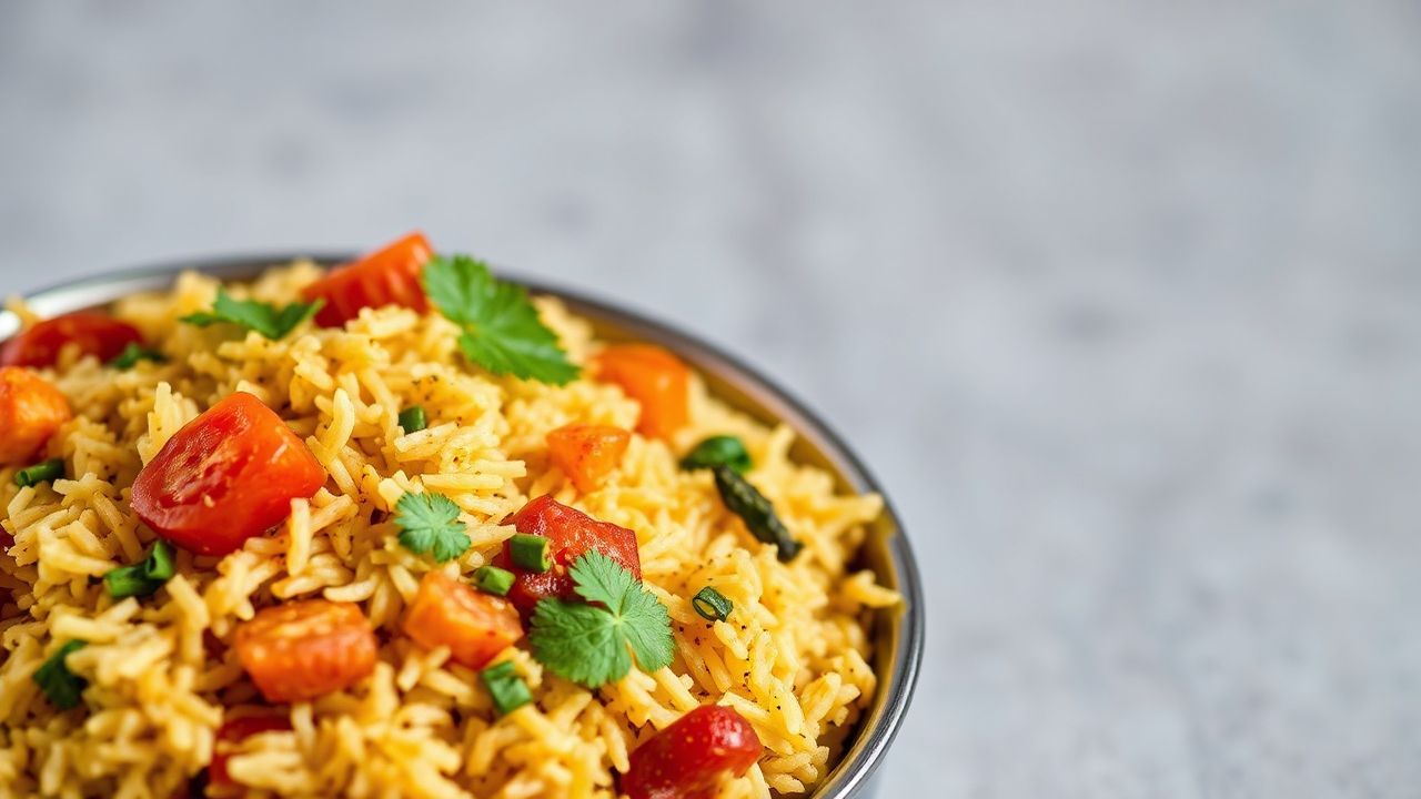 Fragrant Indian vegetable biryani, a symphony of spices and textures.