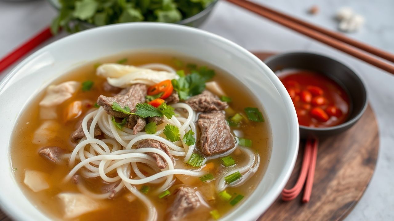 Steaming bowl of pho, a soulful Vietnamese beef noodle soup experience.