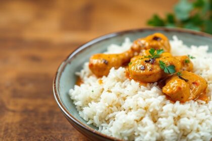 Fragrant curry chicken with fluffy basmati rice, a delicious journey.