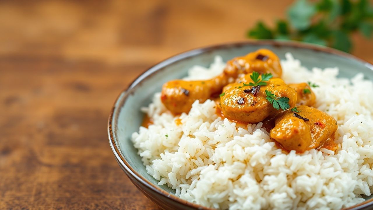 Fragrant curry chicken with fluffy basmati rice, a delicious journey.