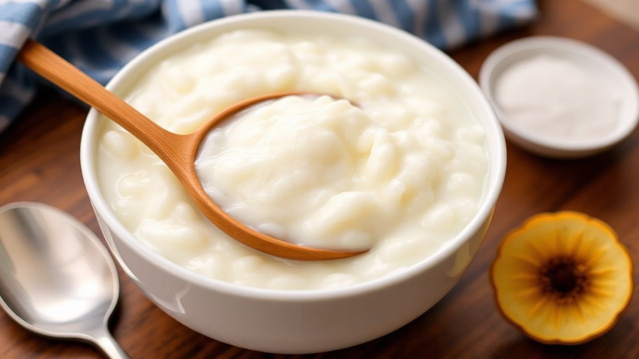 Creamy rice pudding with condensed milk, a sweet, silky embrace.
