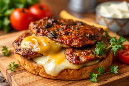 Juicy chicken steak and cheese, a culinary masterpiece.