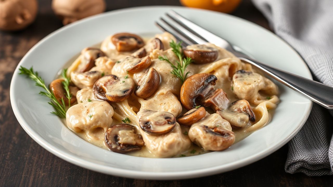 Creamy chicken mushroom stroganoff with herbs, a comforting reimagined classic.