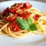 Juicy tomato chicken pasta, sun-kissed and delicious.