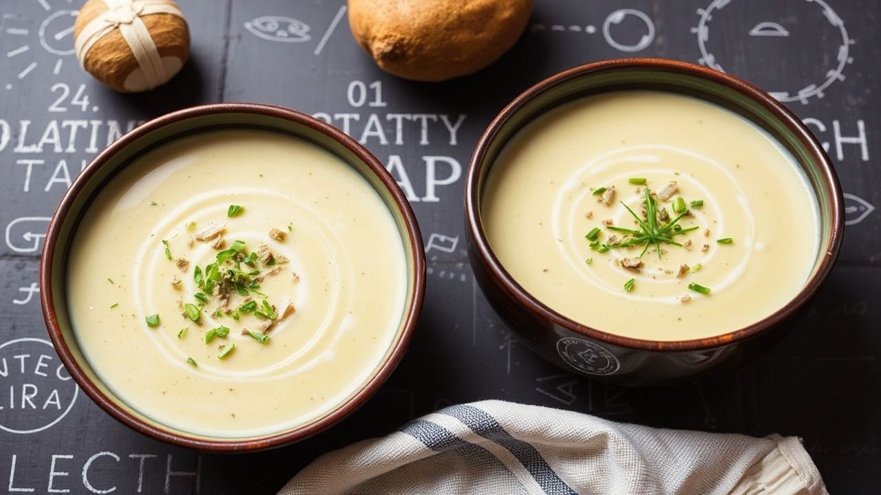 Creamy dairy-free potato leek soup, hearty and delicious.