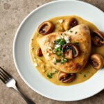 Creamy chicken fricassée with mushrooms, a culinary classic.