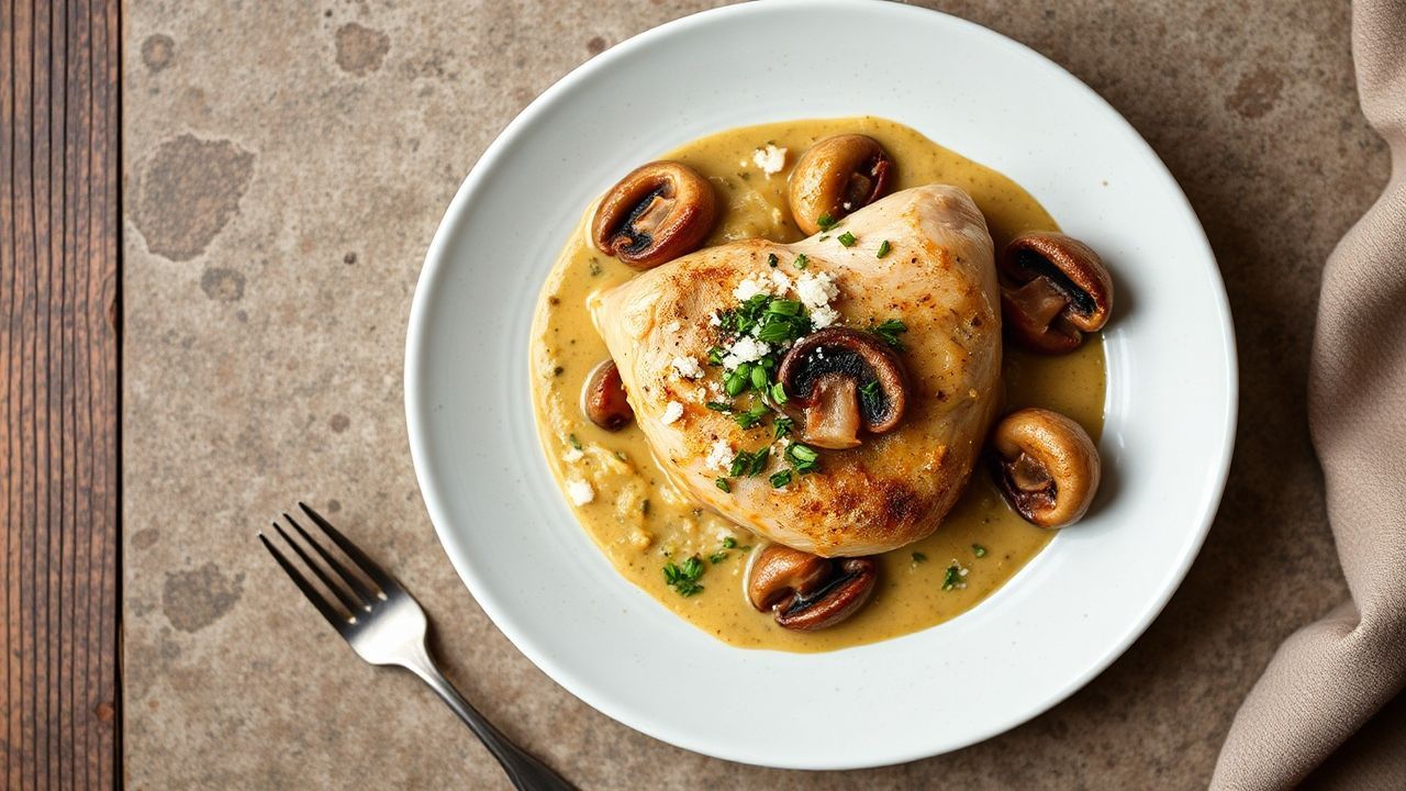 Creamy chicken fricassée with mushrooms, a culinary classic.