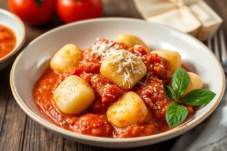 Homemade gnocchi with sun-kissed tomato sauce, a delicious culinary adventure.