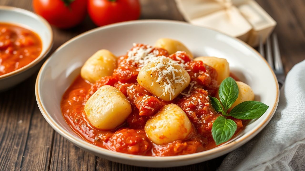 Homemade gnocchi with sun-kissed tomato sauce, a delicious culinary adventure.