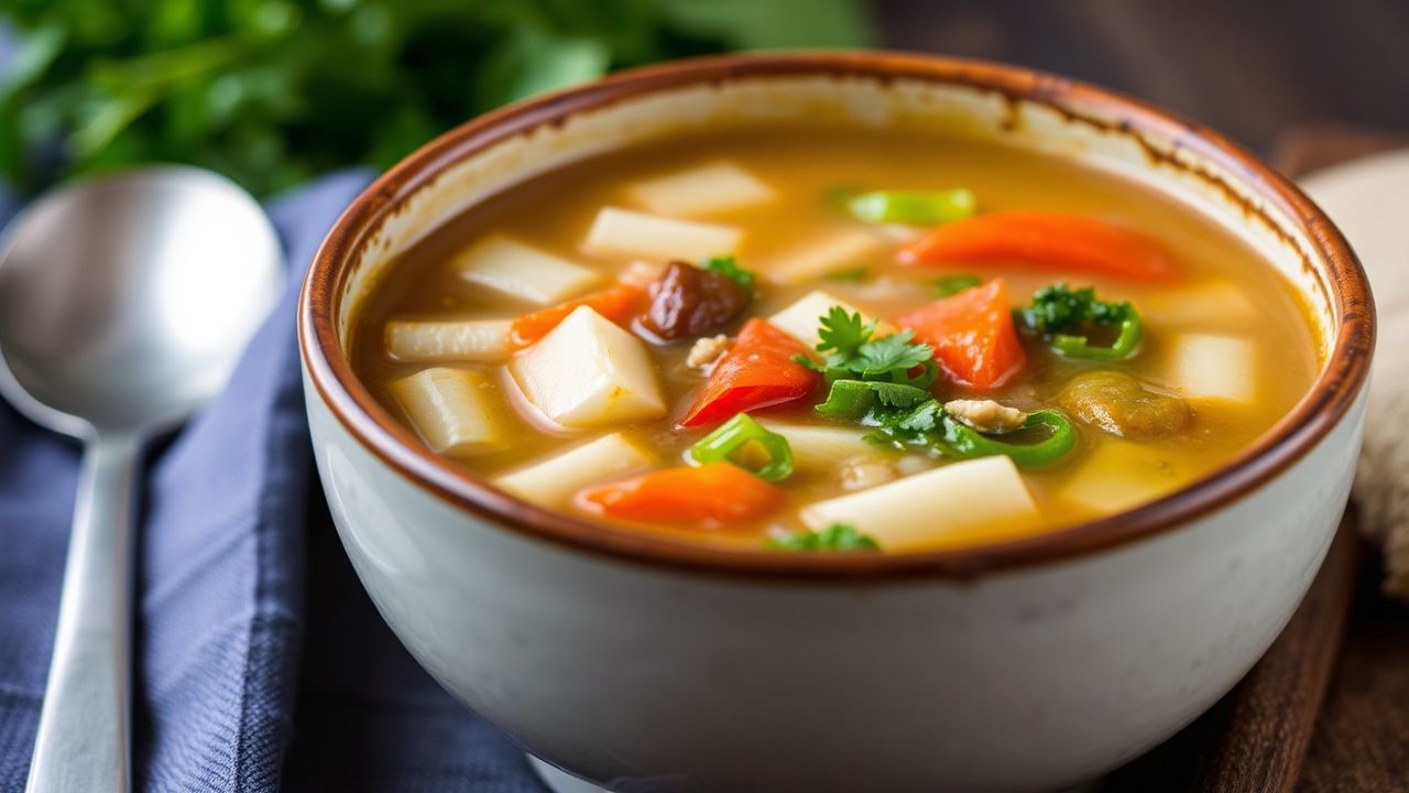 Hearty vegetable soup simmering, promising depth beyond boiled ingredients.