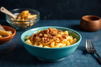 Golden mac and cheese with a crispy baked topping.