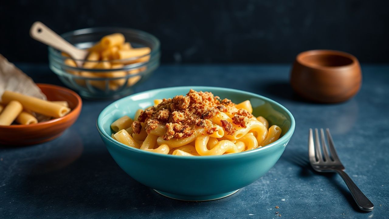 Golden mac and cheese with a crispy baked topping.