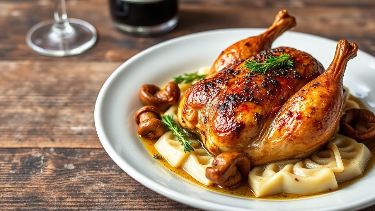 Coq au vin with earthy mushrooms, a symphony of flavors.