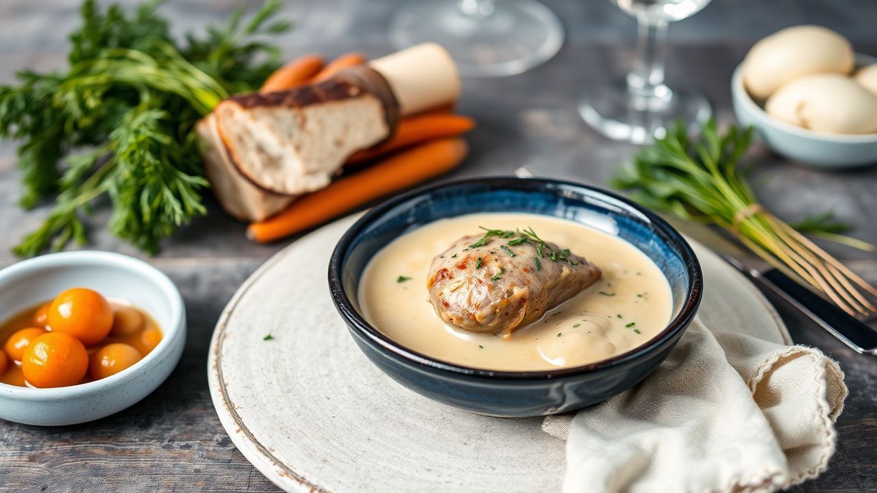 Rich veal blanquette with tender carrots, French comfort food perfection.