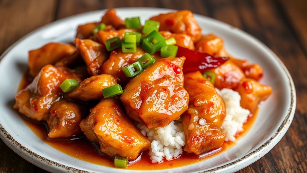 Golden crispy chicken, vibrant sweet sour sauce, authentic Chinese dish.