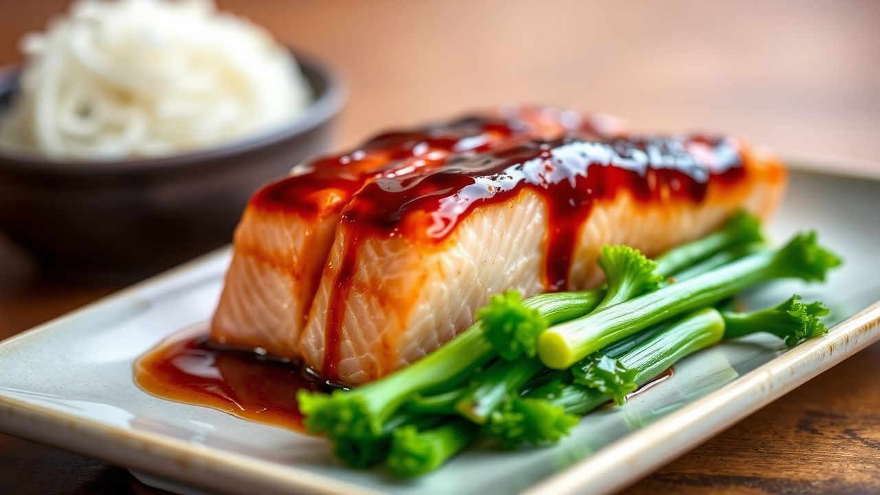 Juicy teriyaki salmon with vibrant glaze, a culinary icon.