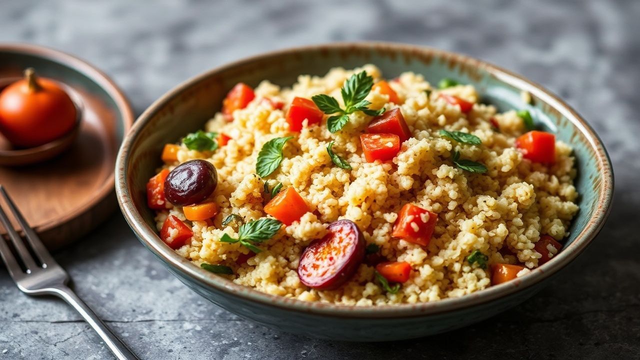 Moroccan couscous dish, a vibrant seven-vegetable symphony.