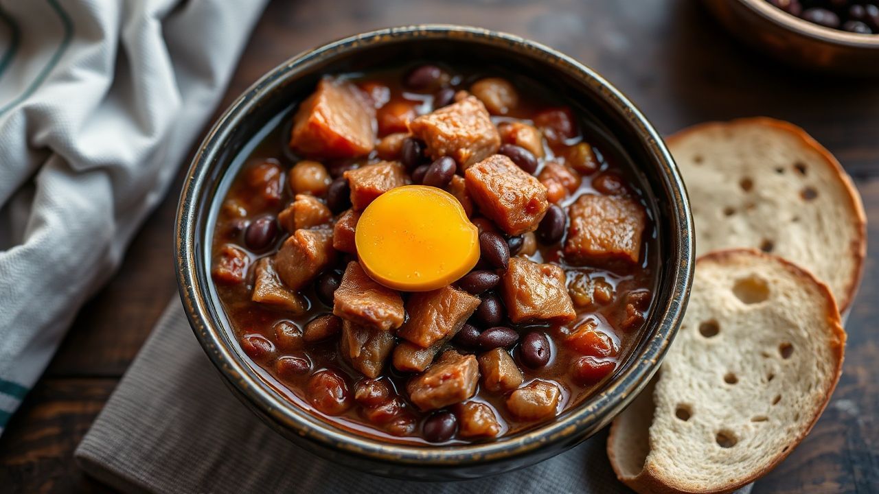 Rich, dark feijoada, a hearty Brazilian stew, simmered with soul.