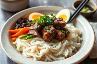 Vibrant Korean bibimbap, a colorful bowl of rice, beef, and vegetables.