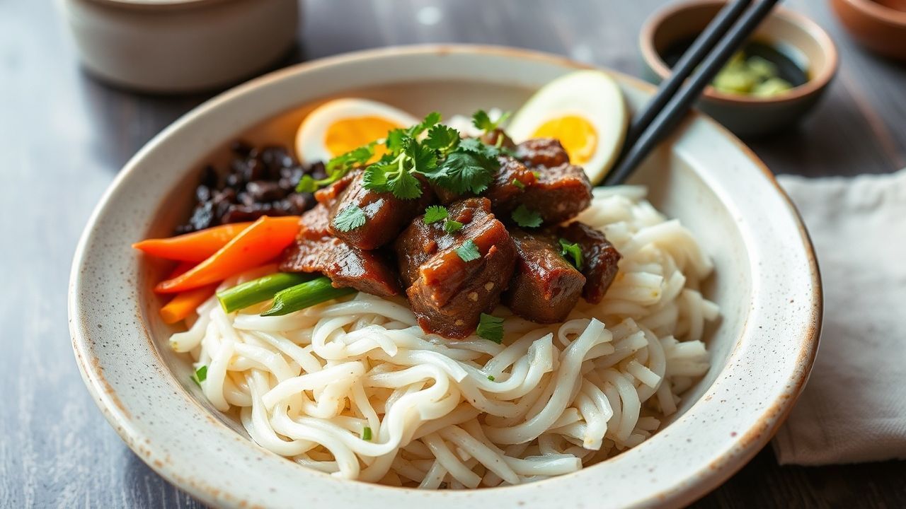 Vibrant Korean bibimbap, a colorful bowl of rice, beef, and vegetables.