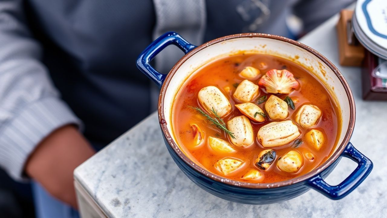 Rich bouillabaisse, saffron-infused Marseille fish stew, steaming in bowl.