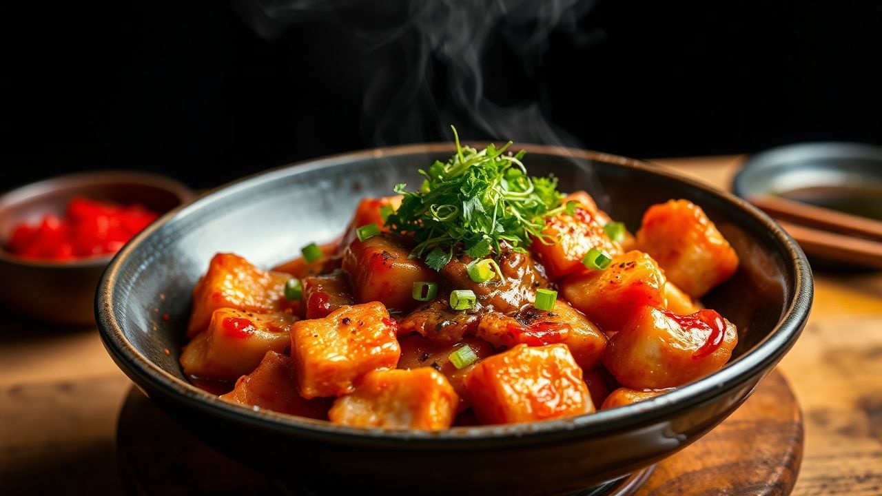Spicy Korean mapo dak galbi, a fiery chicken and vegetable dish.