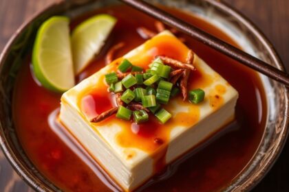 Spicy Japanese Mapo tofu, a vibrant, steaming dish.