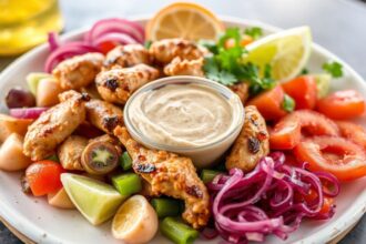 Perfect chicken shawarma platter with tahini sauce, a culinary journey.