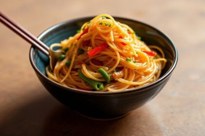 Vibrant Korean Japchae, a delicious noodle dish, showcasing its soul.