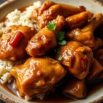 Filipino chicken adobo simmering in savory sauce.