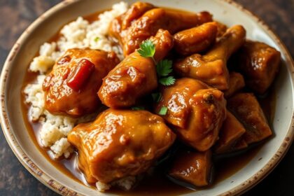 Filipino chicken adobo simmering in savory sauce.
