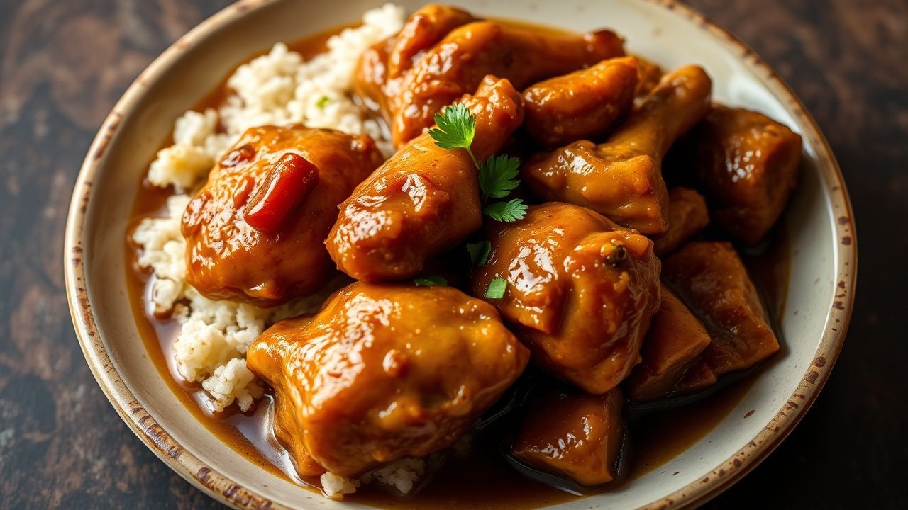 Filipino chicken adobo simmering in savory sauce.