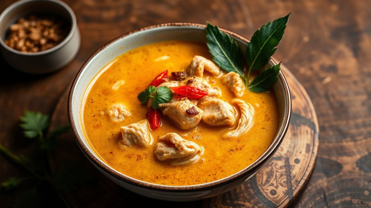 Vibrant bowl of Laksa soup, rich with Southeast Asian flavors.