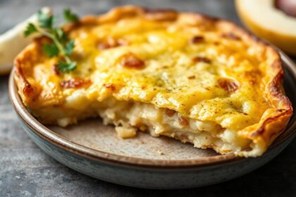 Golden Spanish tortilla, a comforting potato omelette, sliced on a rustic plate.