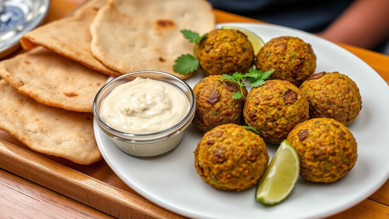 Golden falafel, vibrant dips, and fresh herbs create a perfect falafel platter.