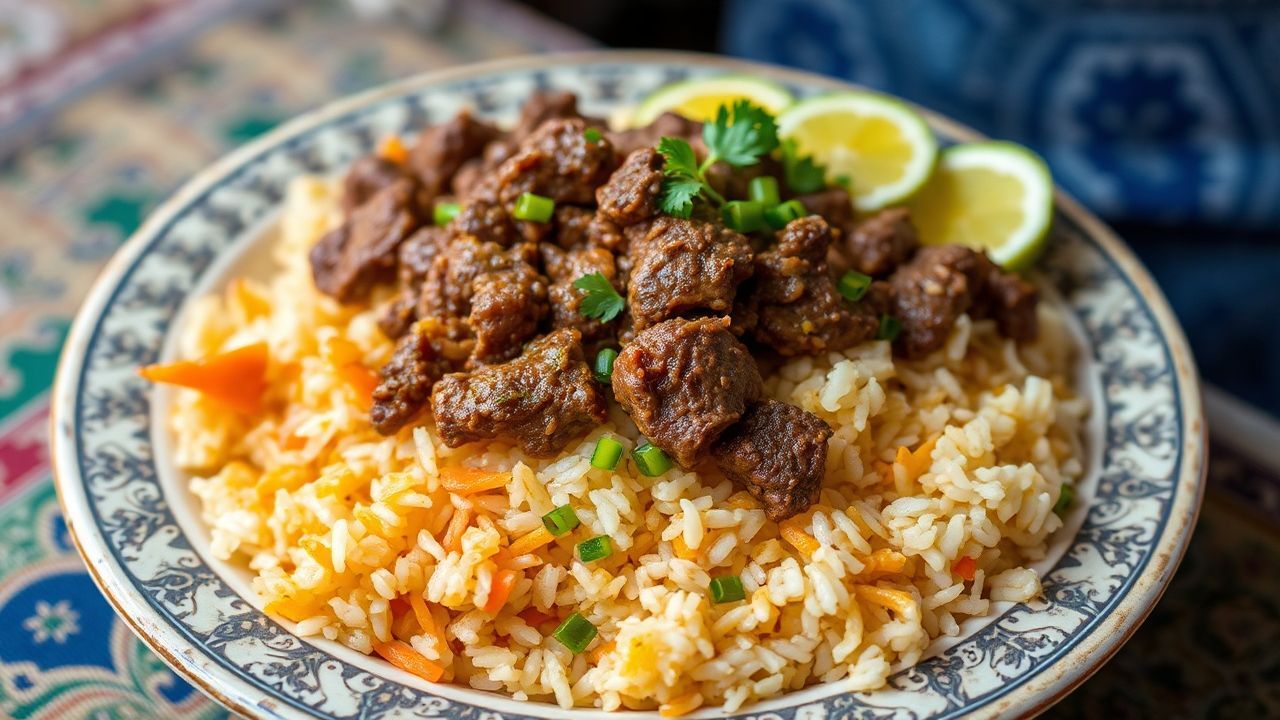 Steaming Uzbek Plov, rich with spices, aroma of ancestry.