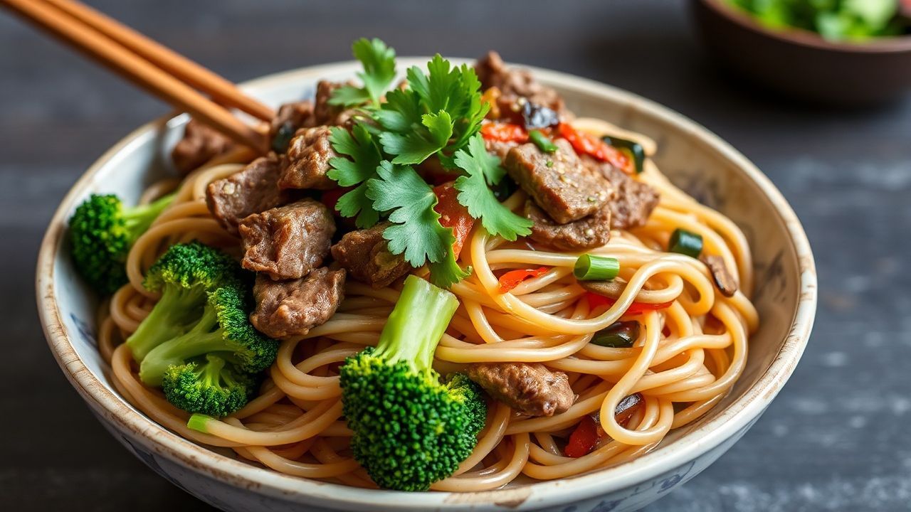 Pad See Ew with beef and Chinese broccoli in a wok.